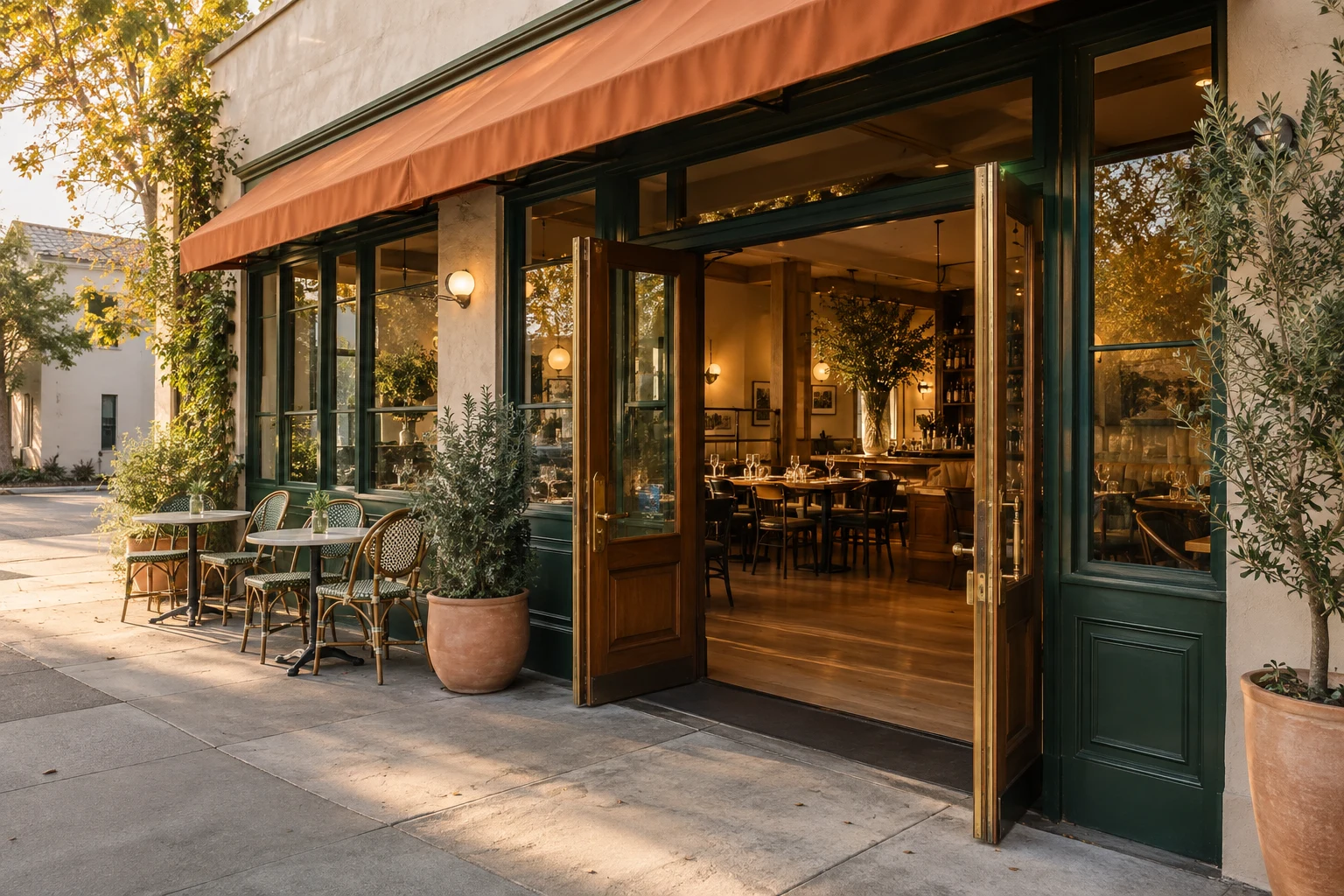 An inviting neighborhood restaurant with green doors and a terracotta awning